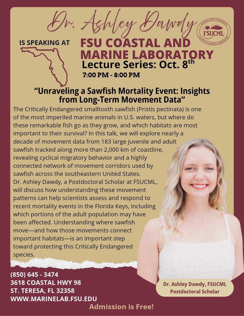 FSUMarineLab's tweet photo. Join us October 8th at the FSUCML for a lecture from postdoctoral scholar, Dr. Ashley Dawdy!
If you are unable to attend in person, the lecture will stream live over Zoom. Link to join: https://t.co/lH41PPaZaQ

Event is FREE and open to the public, starts at 7PM.
#fsu #fsucml https://t.co/m1DYVg7YhT