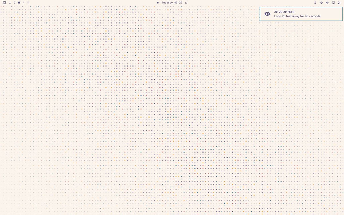 BijlaniYash's tweet photo. built a cute little tool on omarchy to give reminders to look 20ft away for 20s every 20m https://t.co/5erR72BZFt