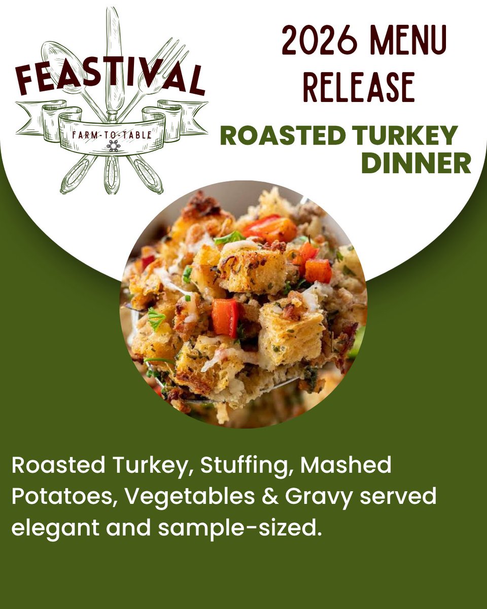 lloydexh's tweet photo. Menu Release #6 FEASTIVAL 2026 - 

Think a full roasted turkey dinner... shrunk down to the perfect sample size.All the flavour. None of the leftovers. Savour juicy turkey, savoury stuffing, rich gravy, and all those comforting holiday flavours in just a few delicious bites. https://t.co/Yb4jan9FA9