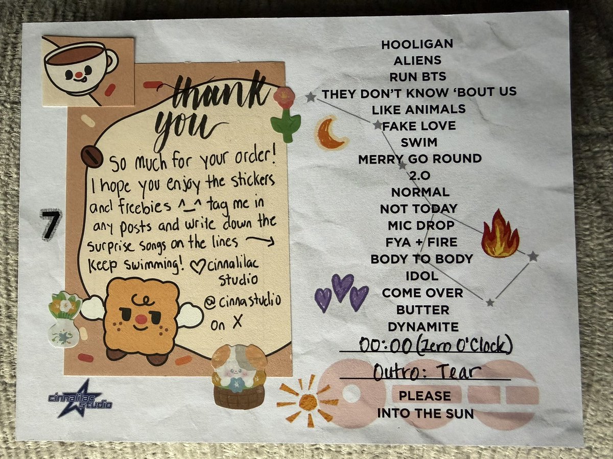 army0000tear7's tweet photo. Ordered a couple stickers from @cinnalilac and got a lot of freebies, incl a personal thank u note💜 w/ the Setlist &amp; I get to write the surprise songs of BORONTO Day 2! 😭
Again, thank you so much! I really really love all of these! I’ll def put these in my shadow box! 💜 
#BTS https://t.co/HSO8ab59uq