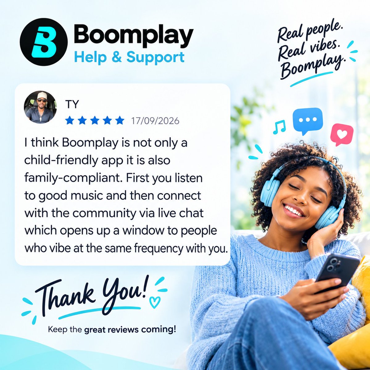 BoomplayHelp's tweet photo. ⭐️ 5 stars from TY! 💙

Good music, great community, and connections that vibe with you. 🎶✨

Thank you for choosing Boomplay! 💙

#Boomplay #BoomplayHelp #MusicLovers #5StarReview #GoodMusic #BoomplayCommunity https://t.co/Tiy81ly6Rp