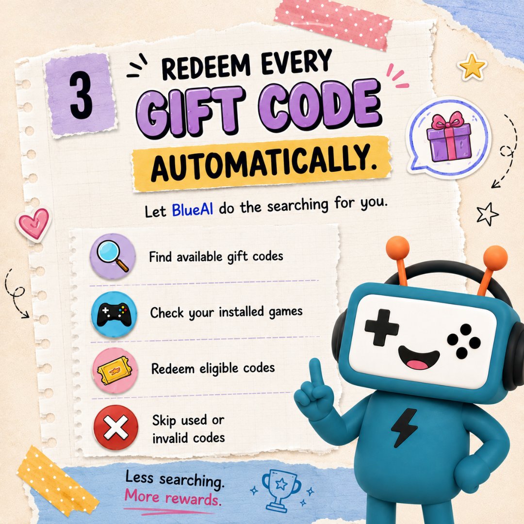 ReikoPorstzgt's tweet photo. Stop wasting time copying expired gift codes from random websites. BlueAI can hunt for valid codes automatically. Open the BlueAI icon on your taskbar and type “Redeem every gift code automatically” to scan your installed games and add valid https://t.co/nGS1VaXyVo