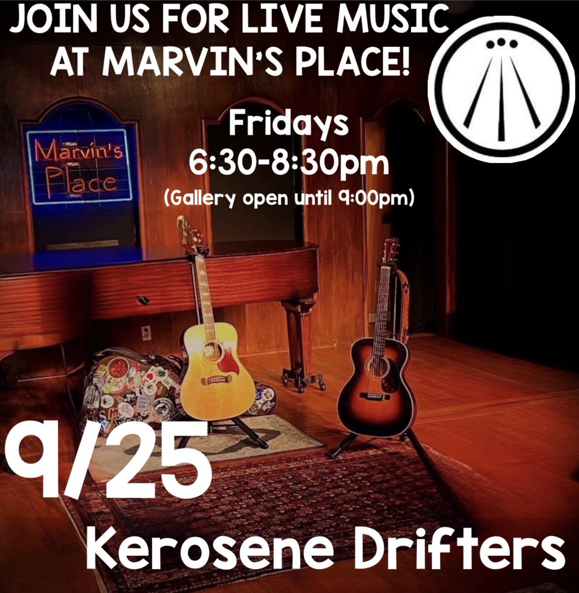 MarvinsPlaceArt's tweet photo. JOIN US FRIDAY NIGHT 9/25 FOR LIVE MUSIC!!

Stop by and hear Kerosene Drifters in the Listening Room from 6:30-8:30! (Gallery will be open until 9)

Stop in and enjoy live music, view the art, and relax with a glass of wine or beer in the ambiance of our beautiful space https://t.co/YqAyO7vZgd