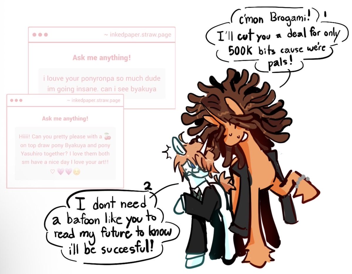 Inked__Paper's tweet photo. I find it funny how 90% of my requests are just pony’s or ships or pony ships, NOT COMPLAINING ONE BIT ITS SO FUN TO EXPLORE CHARACTER SHIP DYNAMICS but its a funny pattern I’ve noticed 

#danganronpa https://t.co/JZYFIRMSur