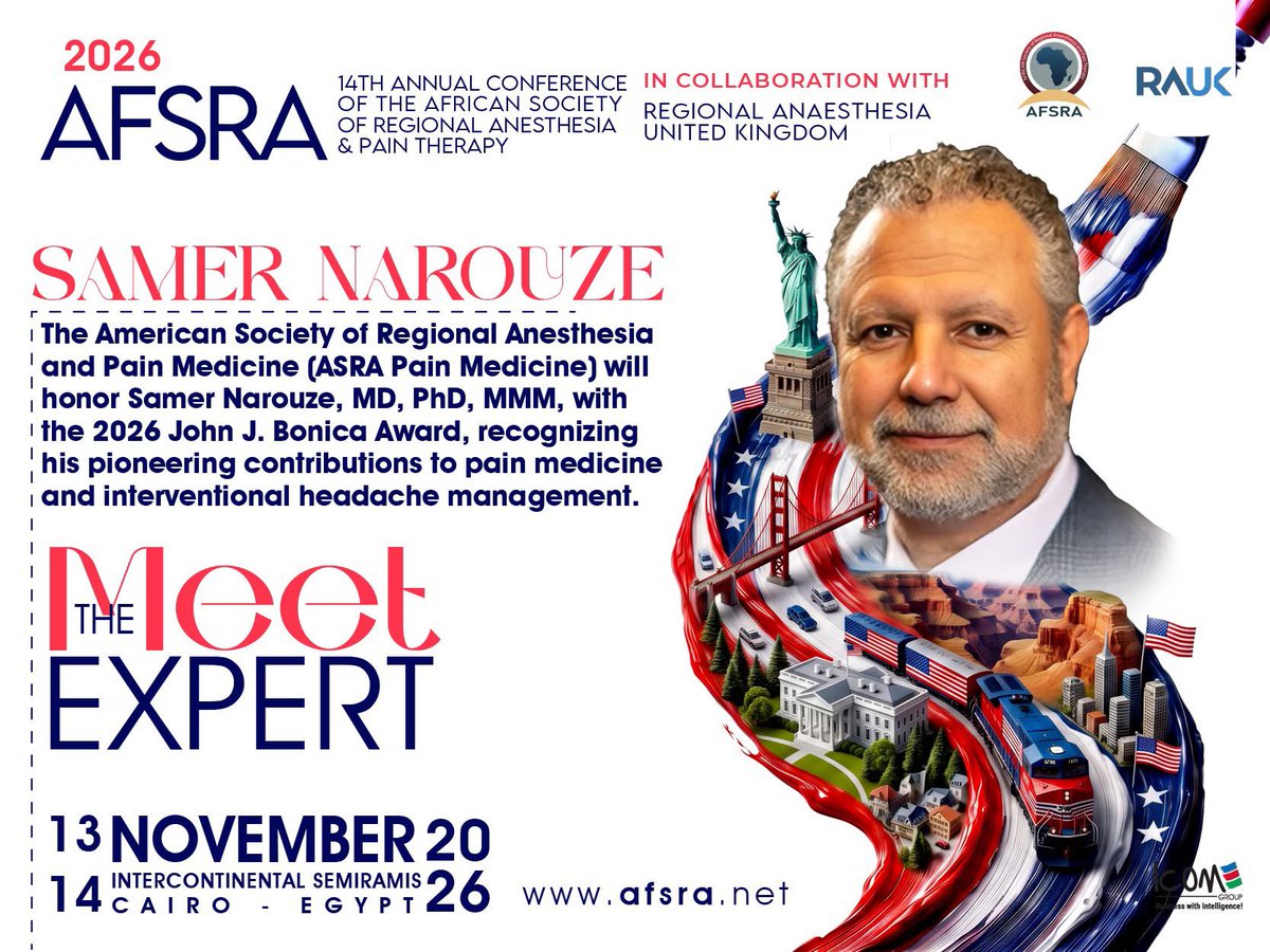 AFSRA10's tweet photo. A global expert in #chronicpain joins the stage at #AFSRA2026 ✨
We are delighted to announce the participation of Prof @NarouzeMD , bringing outstanding experience and international insight to this year’s conference.
An event where science, innovation, and expertise meet

Submission link: https://t.co/2rvp9irMCo
Full Registration: https://t.co/G79ANtIEAE
Scientific Registration: https://t.co/QW3DfqO9XC
Website: https://t.co/oZ4DGnKUX3
📅13-14 Nov 2026
👉 InterContinental Semiramis Cairo, Egypt