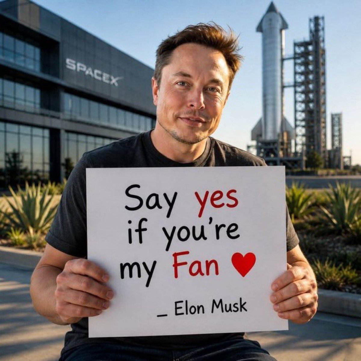 ElonMuskch21's tweet photo. Elon is holding a sign just for you. 

What's your response?

A)  ❤️ YES
B)  🚀 Take me to Mars
C)  🤖 Build AI together
D)  😅 Nice try https://t.co/9oOyTFcyZo
