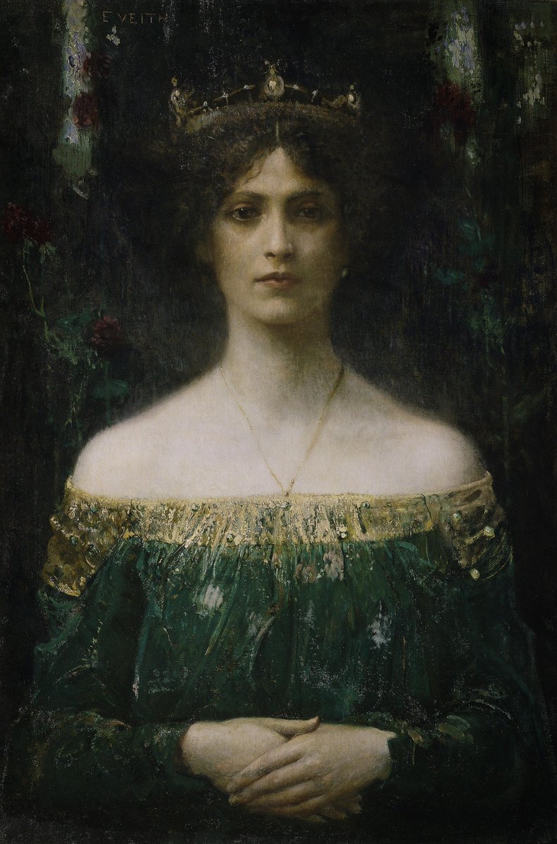 ArtorOtherThing's tweet photo. The King's Daughter, Eduard Veith.

She isn't smiling and she isn't posing, that steady, almost defiant stare is what makes this portrait unusual for its genre. Veith made his name largely through theater work, painting curtains and ceiling decorations for opera houses across the Austro-Hungarian Empire. That theatrical instinct shows here too, the crown and jewels lit just enough against the near-black background to feel like a single frozen moment on a stage.