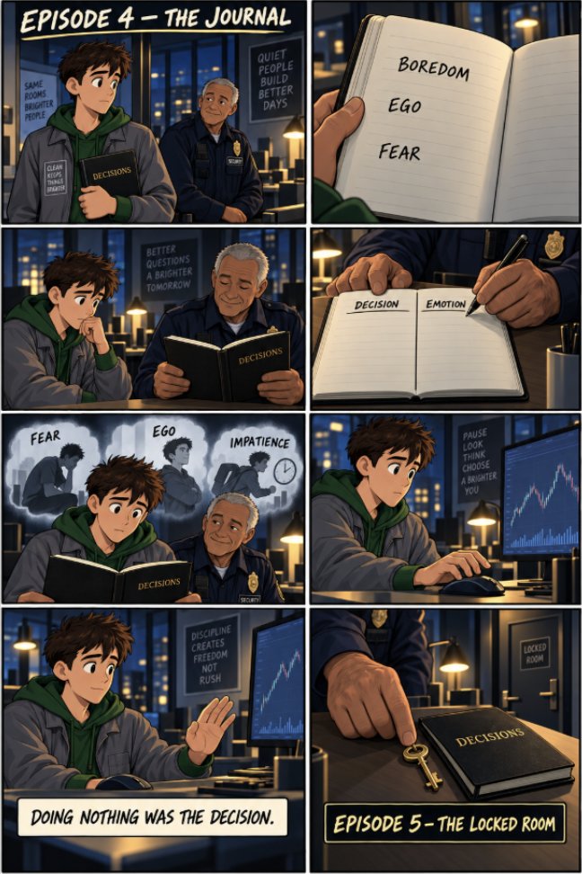 kasigiom's tweet photo. EPISODE 4 — THE JOURNAL

The next evening, Mark returned to the office carrying the journal Elias had given him.

He had filled twelve pages overnight.

Not with charts.

Not with strategies.

With the truth.

“I TRADED BECAUSE I WAS BORED.”

“I BROKE MY RULES BECAUSE I WANTED TO FEEL RIGHT.”

“I TOOK ANOTHER POSITION BECAUSE I COULDN’T ACCEPT LOSING.”

Elias sat across from him and silently read every page.

Then he closed the journal.

“You still think your problem is the market?”

Mark slowly shook his head.

Elias opened the journal again and drew two columns:

THE DECISION
THE EMOTION BEHIND IT
“From now on,” he said, “you don’t record only what happened.”

“You record WHY you allowed it to happen.”

For the next two hours, they reviewed every mistake Mark had tried to forget.

Every impulsive decision had a reason.

Fear.

Greed.

Ego.

Impatience.

Mark finally understood:

THE CHART WAS ONLY SHOWING PRICE.

THE JOURNAL WAS SHOWING HIMSELF.

Elias pushed the laptop toward him and opened a demo chart.

A perfect setup appeared on the screen.

Mark reached for the mouse—but stopped.

Something was wrong.

Every signal looked right…

Yet one sentence from his journal told him not to enter.

Elias smiled.

“What do you see?”

Mark stared at the chart.

Then he noticed it.

THE SETUP WAS PERFECT.

THE TIMING WASN’T.

He moved his hand away from the mouse.

For the first time, Mark’s best decision wasn’t entering a trade.

It was doing nothing.

Elias stood up and placed a small key beside the journal.

Mark looked at him.

“What does this open?”

Elias walked toward the door.

“Come back tomorrow night, and I’ll show you.”

TO BE CONTINUED — EPISODE 5: THE LOCKED ROOM.