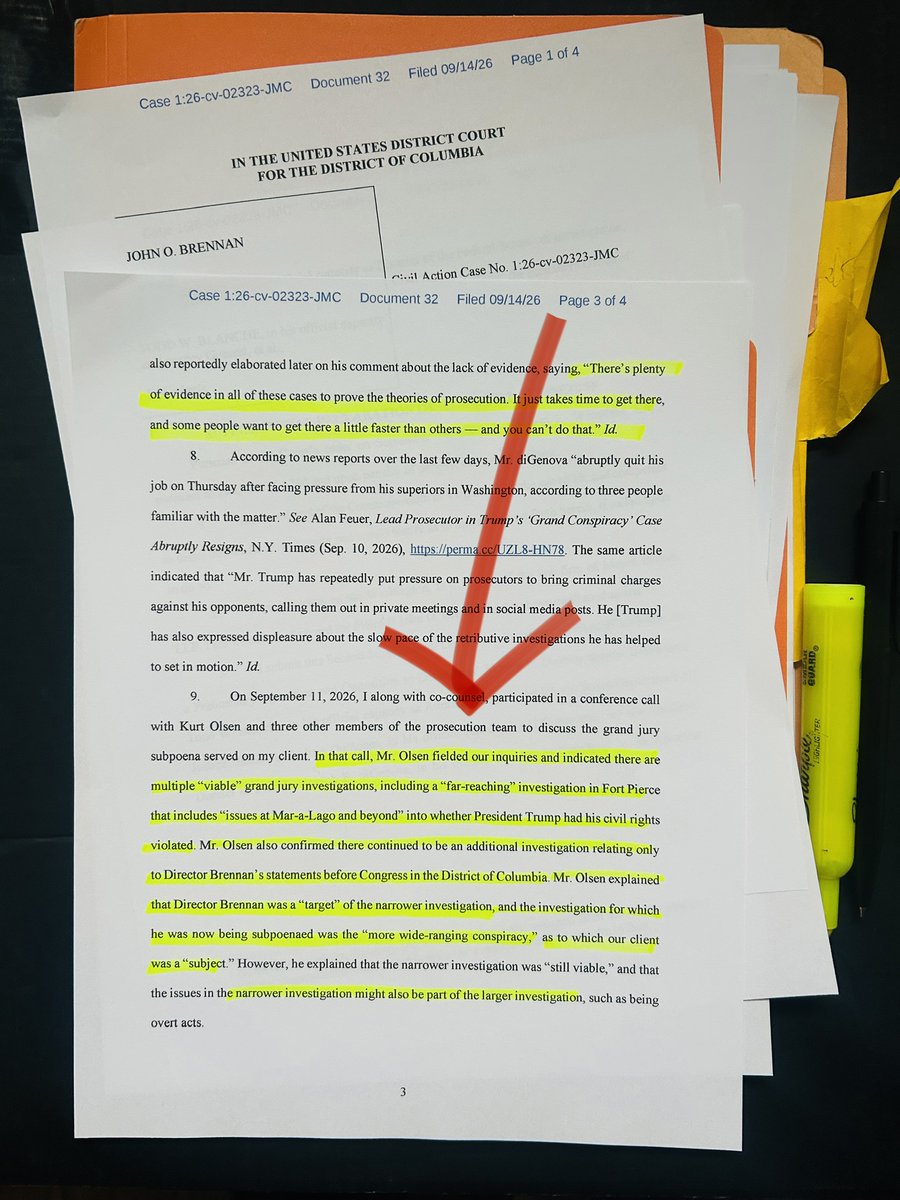 C__Herridge's tweet photo. DIG DEEPER: Former CIA Director Brennan is "Target" and "Subject" Grand Jury Investigations  

PAGE 3: "Multiple viable" grand jury investigations, per Kurt Olsen, part of the Florida prosecution team 

- October 15 Brennan subpoena is for Florida and 'more wide-ranging conspiracy' case   

- "Far-reaching' probe in Fort Pierce, Florida includes 'issues at Mar-a-Lago and beyond' 

- The 'Grand Conspiracy' case is investigating potential violations of President Trump's civil rights 

- Olsen confirmed narrower probe where Brennan is the 'target' for allegedly lying to Congress about the 2017  Russian election interference intelligence report  

- Olsen warns issues narrower probe in which Brennan is the target may fold into the larger 'grand conspiracy case' where Brennan is a subject    

NOTE: The “grand conspiracy” alleges a years long effort by Obama and Biden-era officials, beginning with Russia collusion narrative, to violate @realDonaldTrump
civil rights.    

It also includes, but is not limited to, the raid at Mar-a-Lago.    

Thank you @JustTheNews for posting the supplemental declaration From Brennan's lawyer👇