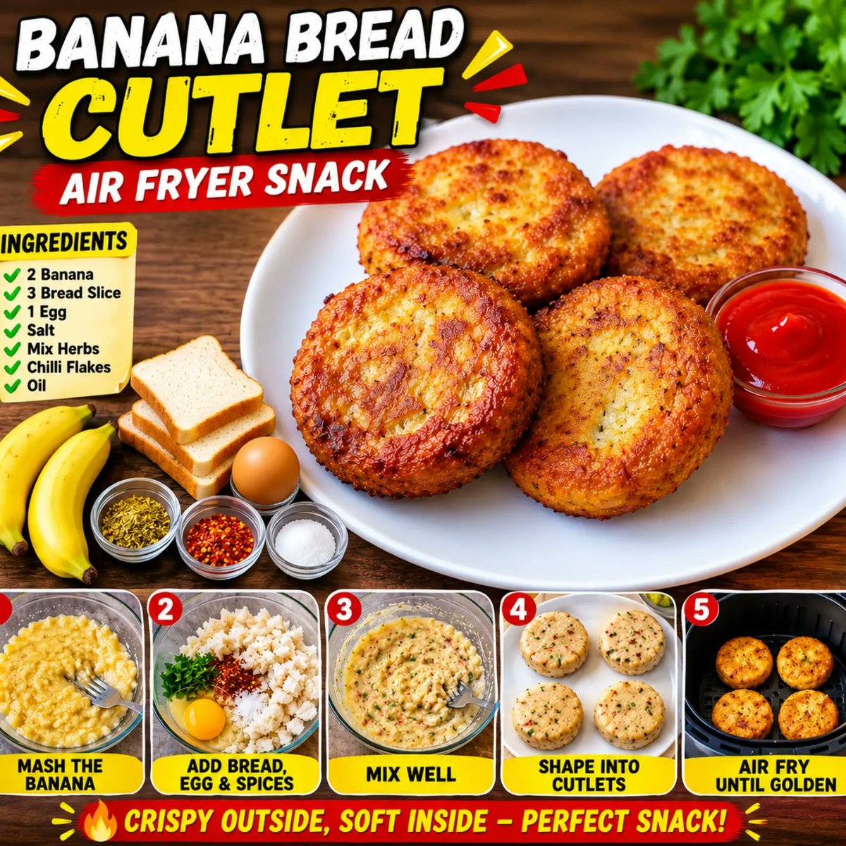 MarybethBexq's tweet photo. Got ripe bananas and leftover bread? Turn them into ultra-crispy banana bread cutlets in your air fryer. Crispy and golden outside, soft and savory inside, this 15-minute snack is perfect for evening tea. Ingredients
2 bananas
3 bread slices, https://t.co/92EdCc7xKQ
