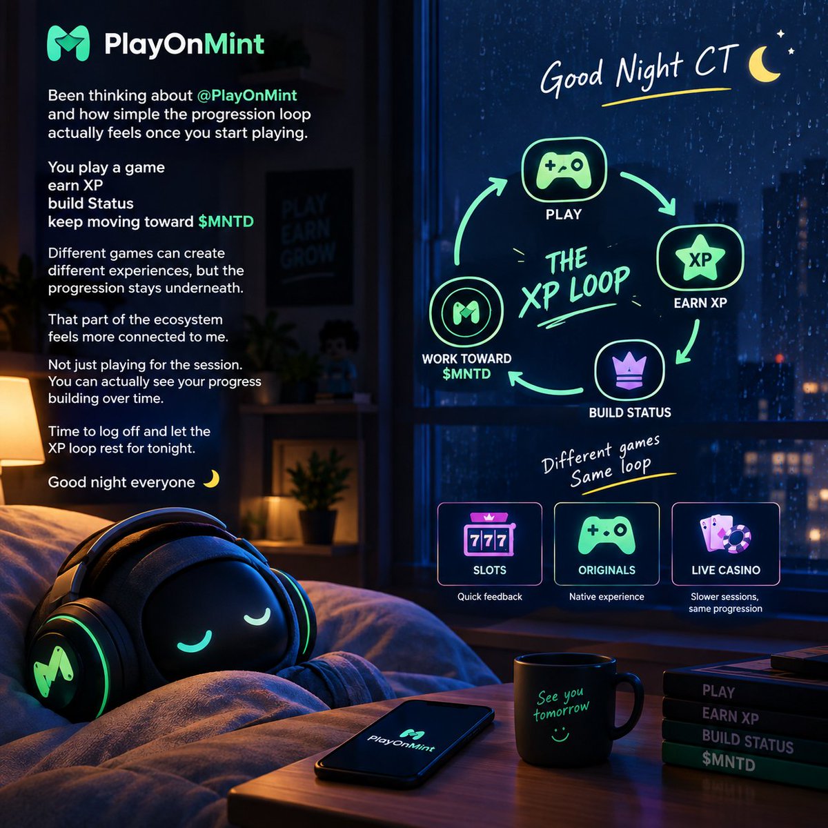 Shuvando's tweet photo. Good night CT 🌙

Been thinking about @PlayOnMint and how simple the progression loop actually feels once you start playing.

You play a game
earn XP
build Status
keep moving toward $MNTD

Different games can create different experiences, but the progression stays underneath.

That part makes the ecosystem feel more connected to me.

Not just playing for the session.

You can actually see your progress building over time.

Time to log off and let the XP loop rest for tonight.

Good night everyone 🌙