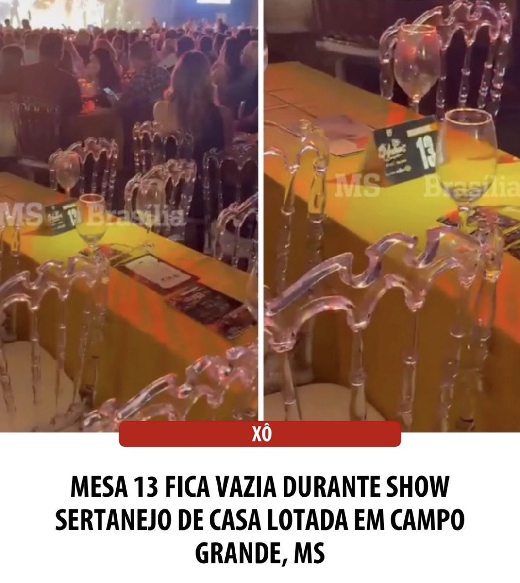 Pri21ms's tweet photo. Aqui no Mato Grosso do Sul, todas as mesas para um show sertanejo de casa lotada, com Rick &amp; Renner e Gian &amp; Giovani foram vendidas, exceto a mesa número 13, número do PT nas urnas eletrônicas. Kkkkkkkkk será que gostamos do 13 !!??? https://t.co/x7V6GuorEg
