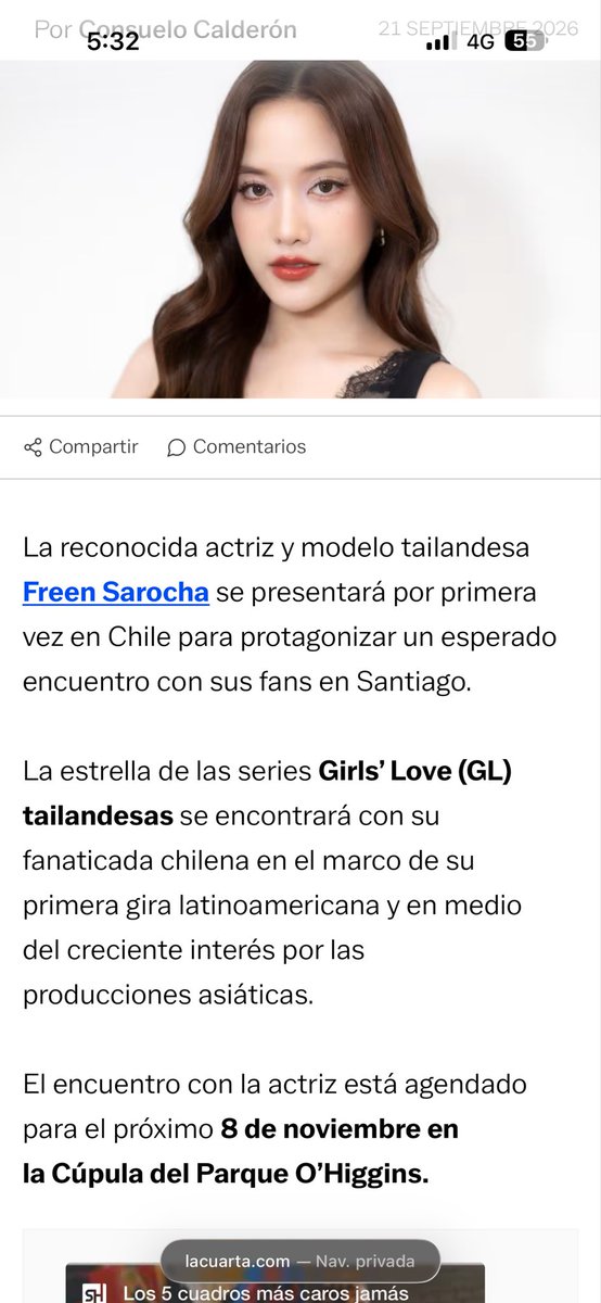 Dayanavale211's tweet photo. 😭omg Freen salió en el diario la cuarta en chile uno de los diarios más importantes en chile 🇨🇱  como promocionan a mi bebé en su venida a Chile 🥹❤️ https://t.co/LOTeAklOrf

#srchafreen‌ 
#GIRLFREEN https://t.co/moRSg7oRrE
