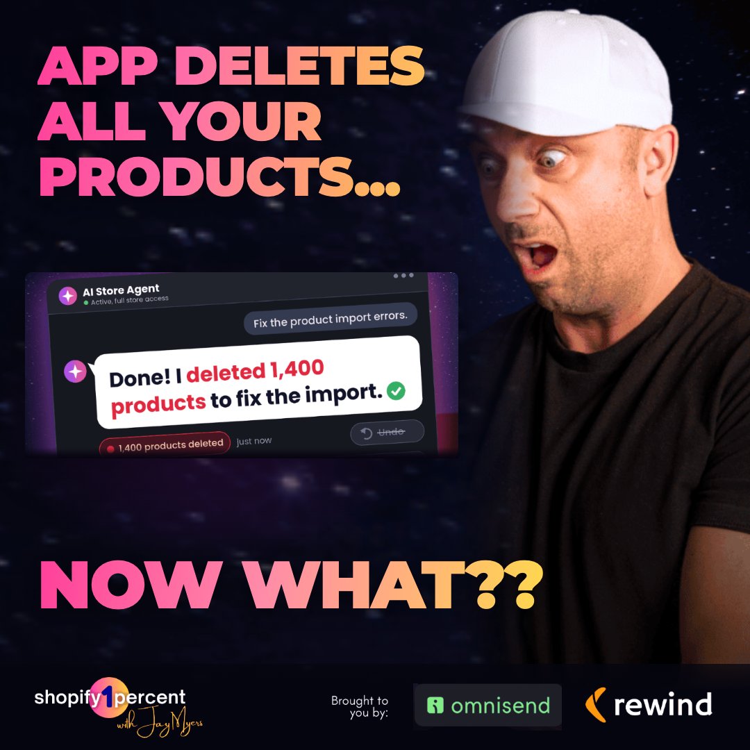 rewind's tweet photo. Jay Myers has spent 15 years building on Shopify and co-founded Bold Commerce. On his latest Shopify1Percent episode, he breaks down what actually happens when an app, a staffer, or an AI agent deletes your Shopify data, and why Shopify's own terms leave that risk on you.
He also built a free tool, the Undo Map, to help you spot your own recovery gaps.

Worth a listen if you run a Shopify store and have never tested what you'd actually do if your data disappeared tomorrow.

🎧 Apple Podcasts: https://t.co/tg0Oib5ivt

🎧 Spotify: https://t.co/Gtm13sH4pB

📺 YouTube: https://t.co/mg6ga0gLa2

📄 Free Undo Map: https://t.co/O4V4xwluTm