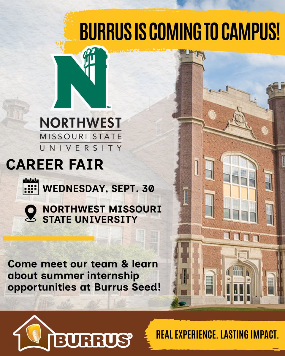 BurrusSeed's tweet photo. Your summer could look a little different. 📷
Less sitting behind a desk.
More time in the field.
More people to learn from.
More opportunities to get your hands dirty.
#BurrusSeed is hiring summer interns for 2027.
We're coming to @NWMOSTATE today. Come find us!
#AgInternship https://t.co/pgZoogqeel