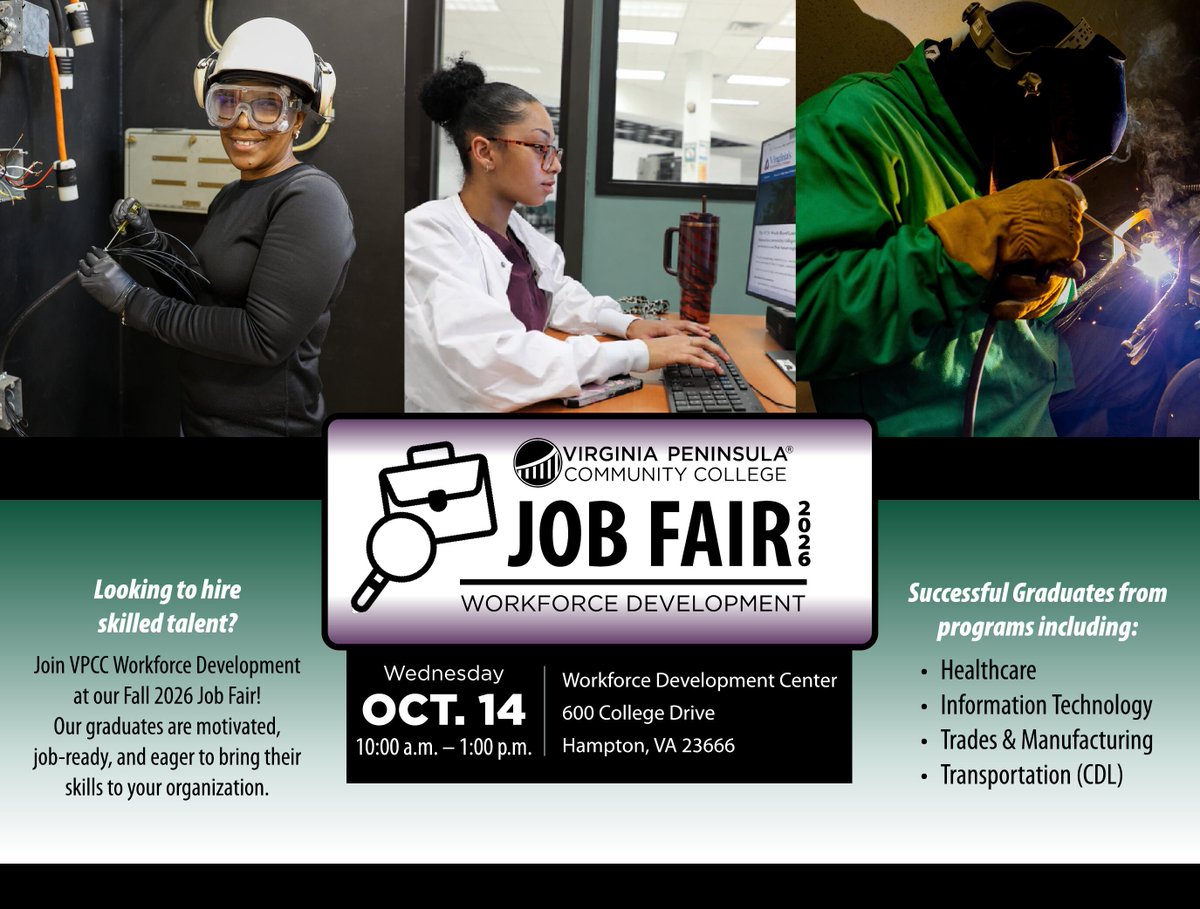 VPCCva's tweet photo. Looking to hire skilled talent? Join VPCC Workforce Development at our Fall 2026 Job Fair!
Our graduates are motivated, job-ready, and eager to bring their skills to your organization. Register here: https://t.co/RDkZgN0JoQ #vpccva #jobfair https://t.co/7f4locaMeN