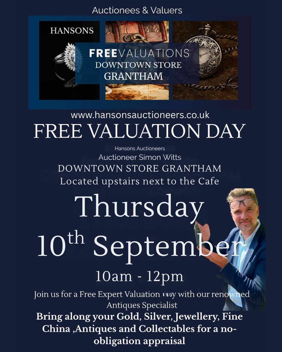 LizzetteScsu's tweet photo. Join us for Hansons’ free Valuation Day at Downtown Store, Grantham, on Thursday 10 September, 10am–12pm. Bring gold, silver, jewellery, watches, antiques or collectables for expert appraisal. No appointment or obligation required. https://t.co/Y76nExpg74