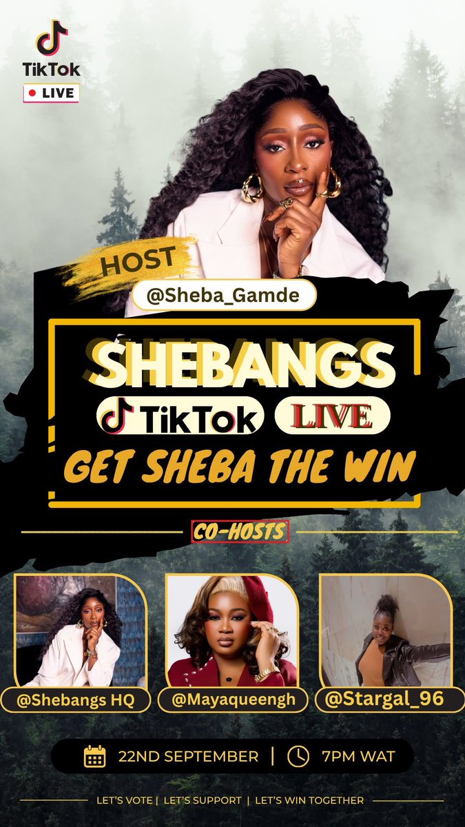 Shebangs_HQ's tweet photo. SHEBANGS, WE HAVE A DATE! 🚨

Tomorrow, we’re taking over TikTok Live!🔥
An evening to celebrate, support, and stand with Sheba! 👑

📅 22nd September
⏰ 7PM WAT
📍 TikTok Live 

Come ready to show up for our girl! 

SHEBA FOR THE MONEY! ❤️‍🔥

#SHEBAX160M #ShebaGamde #BBNaija https://t.co/7RvRAXoaM7