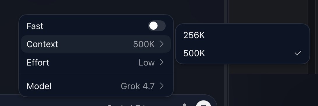 vitoladev's tweet photo. pretty cool that grok 4.7 at least has a 500k context window limit, with 256k  it had too many compactions https://t.co/n5DZ6SHjkm