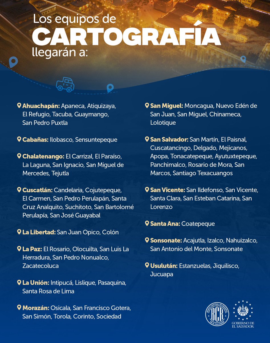 bcr_sv's tweet photo. Esta semana, nuestros equipos de cartografía para la encuesta de Hogares de Propósitos Múltiples, llegarán a estos lugares del territorio nacional 📍 https://t.co/io6ZKYLs5M