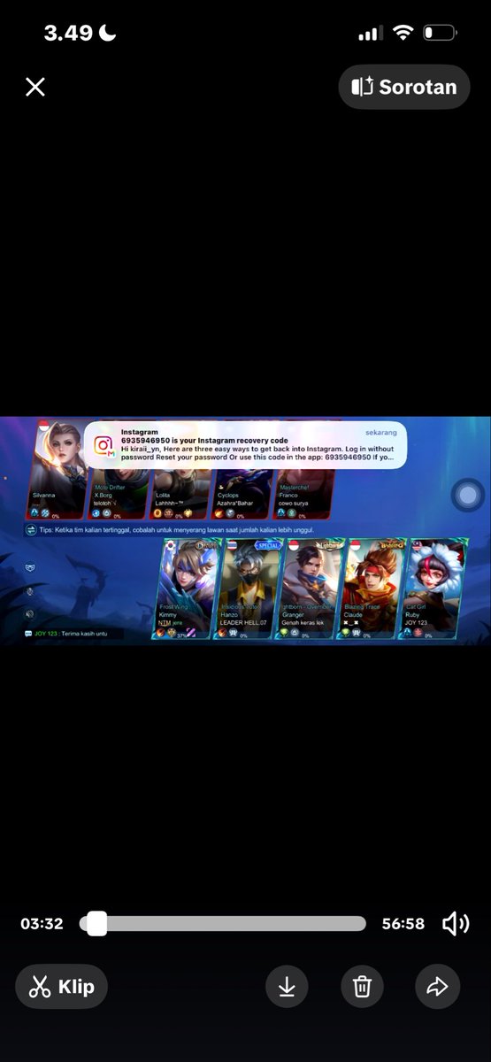 ppwneverend's tweet photo. jadi pas gue live mlbb tiba2 ada notif dan sialnya gue lupa ganti ke mode dnd, makanya dia bisa login ig gue. https://t.co/VZmsHq90ra