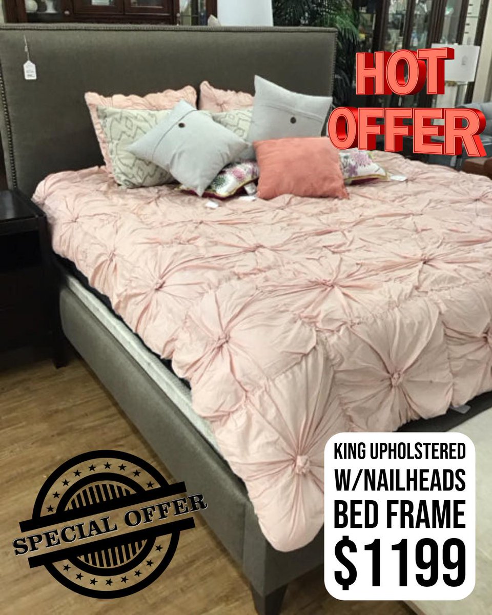 EliciaNass's tweet photo. MAKE YOUR BEDROOM FEEL LUXURIOUS FOR LESS! This elegant king upholstered bed frame with nailhead trim adds comfort and style without the designer price tag. HOT OFFER—ONLY $199! See it in person and upgrade your bedroom while supplies last. https://t.co/xmkSfhvrNO