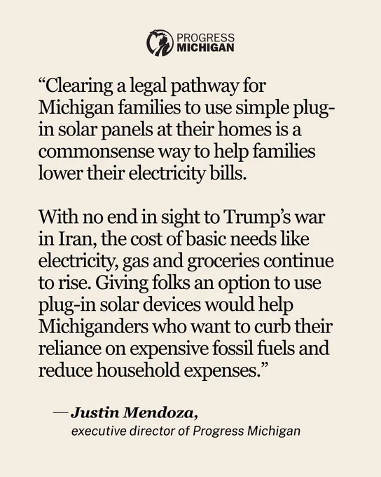Justin Mendoza of Progress Michigan quote graphic urging legal allowance of plug-in home solar to lower bills, curb fossil fuel use, and reduce costs.