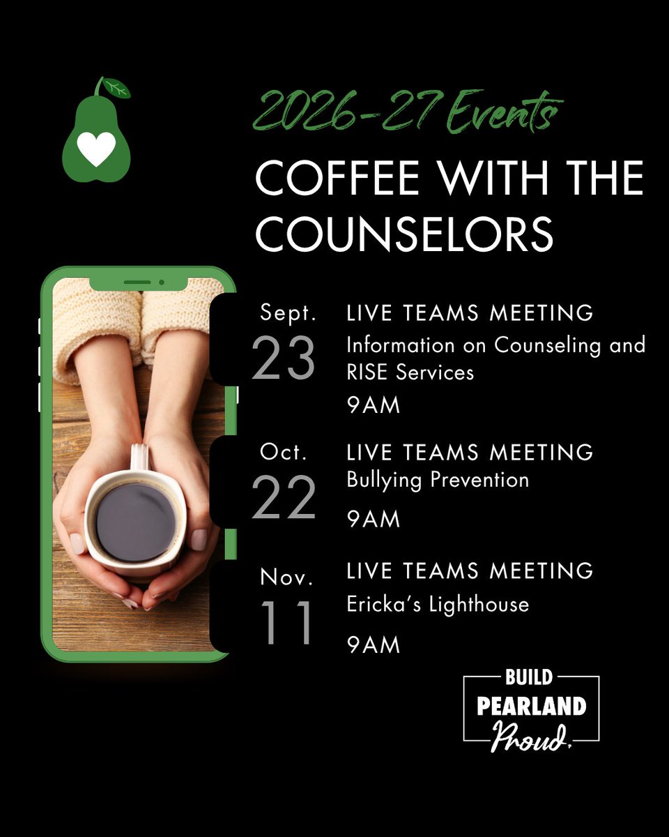 PearlandISD's tweet photo. Parents: Looking for tips to support your child’s mental health and wellness? ☕
Join Counseling for Coffee with the Counselors, a virtual series focused on student success. SAVE THE DATES!

Join this month’s session: 🔗 Here

#BuildPearlandProud #TheirFutureYourChoice https://t.co/Q45BUKMdN6