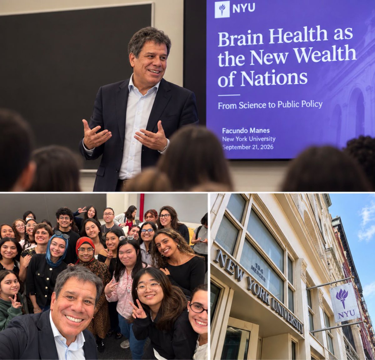 ManesF's tweet photo. Primera parada de esta semana en Nueva York: hoy di una charla en NYU sobre Brain Health as the New Wealth of Nations: From Science to Public Policy.
Hablamos de cómo la ciencia del cerebro puede contribuir a pensar políticas públicas que potencien el desarrollo humano, la educación, el trabajo y sociedades más saludables. 
Como digo siempre: sin salud cerebral no hay capital humano, y sin capital humano no hay desarrollo. 
Gracias a la profesora @florlopezboo por la invitación y, especialmente, a los estudiantes por su curiosidad intelectual y sus preguntas.