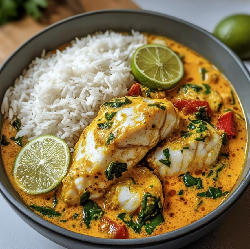 summer_food's tweet photo. Tropical Coconut Lime Fish Curry with Jasmine Rice

🛒 Ingredients

For the Curry
1 lb firm white fish (cod, tilapia, halibut), cut into bite-sized pieces

1 tbsp coconut oil or vegetable oil

1 small onion, finely chopped

3 cloves garlic, minced

1 tbsp fresh ginger, minced

2 tbsp red or green curry paste

1 can (13.5 oz) coconut milk

1 cup fish or vegetable broth

Zest and juice of 1 lime

1 tbsp fish sauce (optional)

1 tsp sugar (optional)

1 red bell pepper, thinly sliced

1 cup snap peas or green beans

Fresh cilantro & lime wedges for garnish

For the Jasmine Rice
1 cup jasmine rice

2 cups water

Pinch of salt

👩‍🍳 Instructions — Detailed

1️⃣ Cook the Jasmine Rice
Rinse the rice thoroughly under cold water to remove excess starch — this ensures fluffy, fragrant grains.
Combine the rice, water, and a pinch of salt in a saucepan. Bring to a boil, then immediately reduce to low heat. Cover and let it gently steam for 15 minutes. Turn off the heat and let it rest (still covered) for 5 minutes before fluffing with a fork.

2️⃣ Start the Curry Base

In a large skillet or pot, heat the coconut oil over medium heat. Add the chopped onion and sauté for 2–3 minutes until it begins to soften. Add the minced garlic and ginger, stirring until fragrant.
Mix in the curry paste, allowing it to toast for 1 minute — this helps release its full aroma.

3️⃣ Add the Coconut Broth
Pour in the coconut milk and broth. Stir well to dissolve the curry paste into a smooth, creamy sauce. Bring the mixture to a gentle simmer.

4️⃣ Season with Lime & Balance
Stir in the lime zest and juice for brightness. Add fish sauce for depth and sugar to balance acidity if desired. Taste and adjust seasoning according to preference.

5️⃣ Add Vegetables & Fish
Add the bell pepper and snap peas (or green beans). Simmer for 3–4 minutes until tender-crisp.
Gently nestle the fish pieces into the curry. Cook for 4–5 minutes, or just until the fish turns opaque and flakes easily.

6️⃣ Garnish & Serve
Remove from heat. Top with fresh cilantro and serve with lime wedges.
Spoon the fragrant curry over warm jasmine rice and enjoy a tropical escape in every bite.