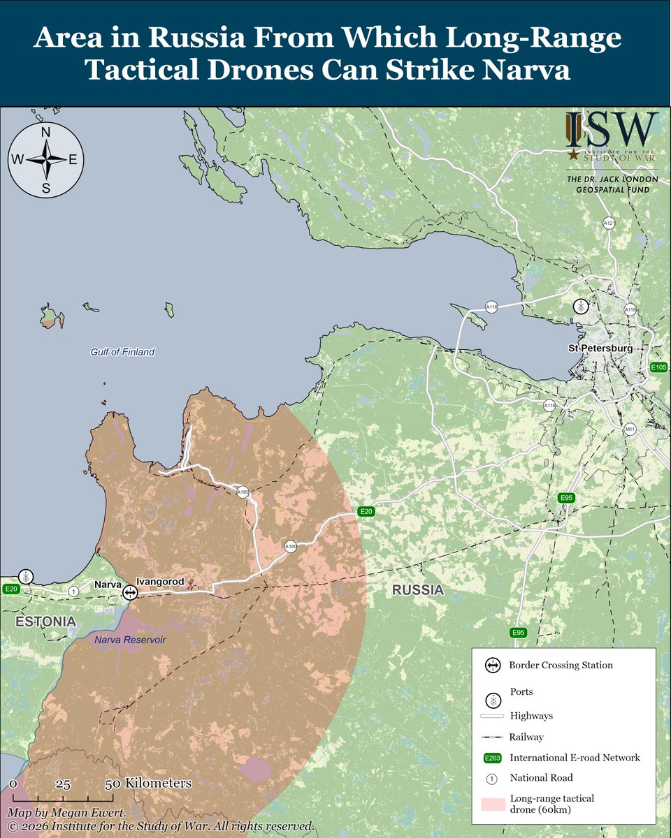 TheStudyofWar's tweet photo. NEW | Special Report: What a Limited Russian Incursion Into Estonia Might Look Like: A Narva Scenario
A full-scale Russian invasion of a NATO state is extremely unlikely while Russia remains fully committed to war against Ukraine. But full-scale invasion is not Putin's only option to conventionally escalate against a NATO state. Russia could conduct limited ground operations leveraging drones against NATO states not to conquer them, but to break the alliance by causing it to fail to activate and act appropriately on its Article 5 commitments.
This scenario is notional — it is not an assessment or forecast that the Kremlin will conduct such an operation. The purpose of studying a Narva scenario is not to suggest that the Russians will conduct this specific operation, although they have set limited conditions to do so already, but rather to explore in detail what such an attack might look like, how the Kremlin might seek to use it to advance its own domestic objectives and to break the alliance, and how the alliance should act both to deter and to defeat any such attack, whether at Narva or elsewhere.
A number of NATO states will likely be very hesitant to invoke Article 5 over a limited incursion, fearing the consequences of appearing to launch the alliance into a full-scale war with Russia. NATO certainly has the ability to deter and, if necessary, defeat a Russian operation of this sort. It is not, at the moment, ready to do so at acceptable risk and cost.
The US should take every measure possible to demonstrate its commitment to its alliance obligations. Strategic ambiguity invites Russian adventurism and significantly increases the odds that Putin might gamble. NATO must deter and, if necessary, defeat a limited Russian incursion at both the political and the military levels. European states can help deter scenarios like this by developing indigenous counter-drone capabilities, interceptor drones, and skilled drone units of their own that can rapidly identify and strike Russian drone operator positions.