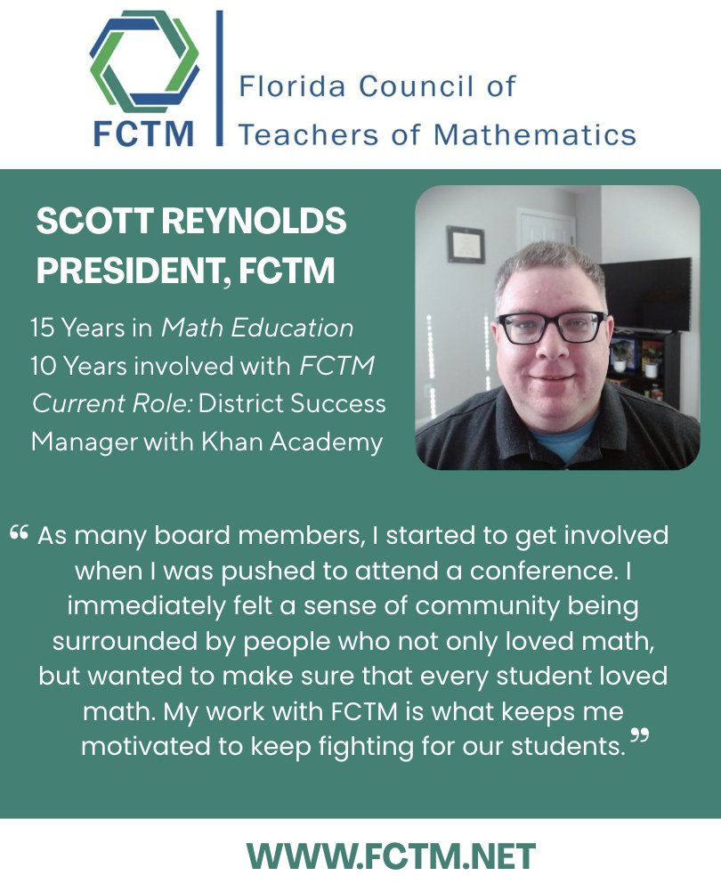 FCTMath's tweet photo. 👋 Meet Our FCTM Board Members!

We’re proud to introduce the dedicated individuals who help guide our organization and support our mission. 

Let's start off with our President, Scott Reynolds! https://t.co/BGSjNbWgFX