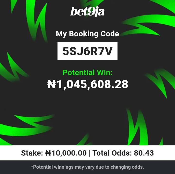 Timmyofdelta's tweet photo. 80 odds on bet9ja 

Codes ⬇️
5SJ6R7V

#Bet9jaCode https://t.co/0lMCEWl89O