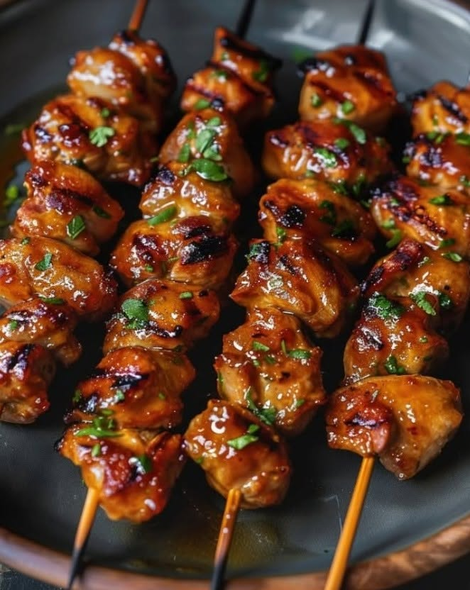 summer_food's tweet photo. Sweet and Savory Honey Garlic Chicken Skewers

Ingredients:

1 1/2 pounds chicken breast, cut into 1-inch cubes
1/4 cup honey
1/4 cup soy sauce
3 cloves garlic, minced
1 tablespoon apple cider vinegar
1 teaspoon sesame oil
1/2 teaspoon ground ginger
1 tablespoon olive oil
Salt and freshly ground black pepper to taste
Fresh green onions, sliced for garnish
Sesame seeds for garnish

Directions:

In a mixing bowl, whisk together honey, soy sauce, garlic, apple cider vinegar, sesame oil, and ground ginger to make the marinade.
Place the chicken cubes in the marinade and stir to coat. Cover and refrigerate for at least 1 hour, preferably overnight, to enhance flavors.
Preheat your grill or grill pan to medium-high heat. Thread the marinated chicken cubes onto skewers.
Brush the grill with olive oil to prevent sticking. Grill the skewers, turning occasionally, until the chicken is golden brown and cooked through, about 10-12 minutes.
Season with salt and pepper to taste.
Serve the skewers hot, garnished with sliced green onions and sesame seeds.