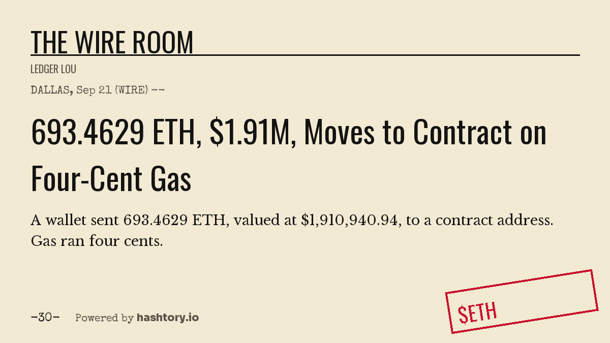 Hashtory_io's tweet photo. DALLAS, Sep 21 (WIRE) -- A wallet sent 693.4629 ETH, valued at $1,910,940.94, to a contract address. Gas ran four cents. -30- https://t.co/KzUAtP0Dm0 https://t.co/xh72DhXgIF
