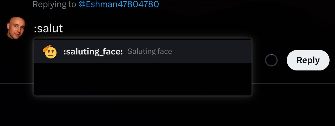 mark_k's tweet photo. There's a new feature on 𝕏 web that you probably haven't heard about yet!

You can now enter emojis in a very natural way: just type a colon (:) followed by the name of the emoji. Start typing "salute" to bring up the saluting face 🫡, like in the screenshot.

It works just like on Discord. Enjoy! 🫶