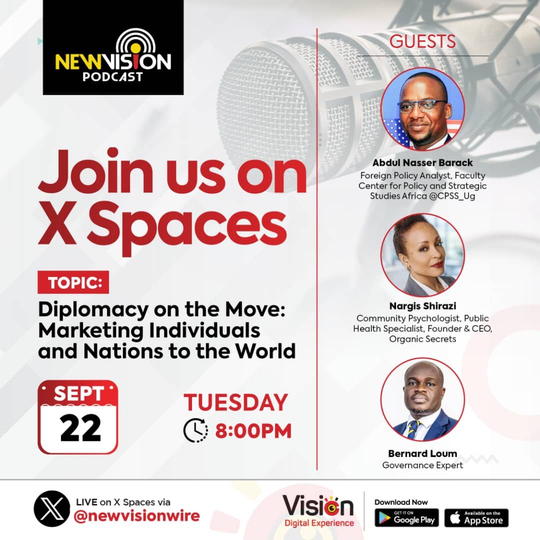emmabongos's tweet photo. My guests tomorrow on @newvisionwire X Space as we discuss the future of Diplomacy in Economic terms, Cultural and Tech. How are we selling ourselves and our country to the rest of the world. With  @NargisShirazi, @LoumBernard  @BarackAbdul1, @OjokOkot_ , @patrickoyulu https://t.co/6zXEXexQuD