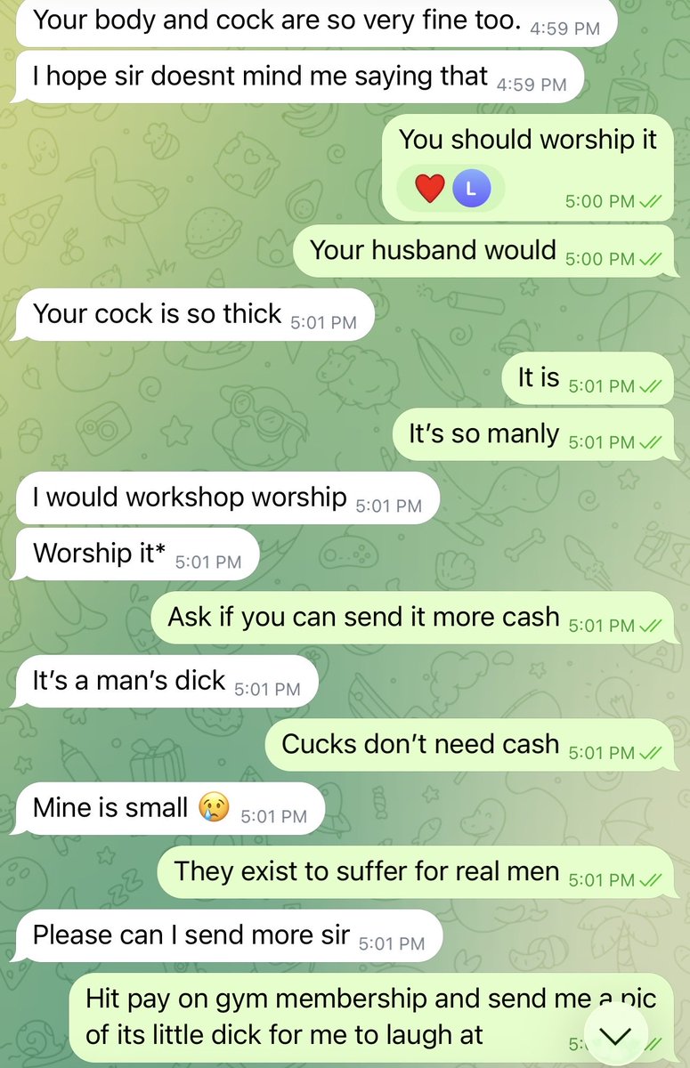 FindomAlphaGod1's tweet photo. This loser cuck hasn’t had sex with its husband in over a year. It’s trash dick just isn’t attractive, when it pulls its pants down all its husband says is “I’m not in the mood”,  “I’m too tired”.

With that said, it’s very important that I not only drain the cuck, but drain it hard. This is the only sex it gets now. 100’s of dollars jerked away until it made a mess all over itself… disgusting.