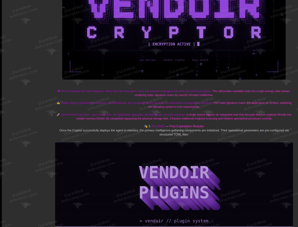 DarkWebInformer's tweet photo. 1/2🚨 Vendoir macOS RAT advertised with credential theft, keylogging, and claimed AI integration
⠀
A forum actor using the handle "vendoir" is advertising Vendoir, a macOS remote access trojan allegedly combining information theft, remote control, and security evasion capabilities.
⠀
The actor lists lifetime access for $1,399 and full source code for $6,599, with setup assistance and updates advertised.
⠀
Claimed capabilities include:
⠀
• Information theft: browser cookies, saved credentials, messaging application data, and cryptocurrency wallet private keys and seed phrases
• Surveillance: real-time keylogging and advertised camera access
• Remote control: an interactive terminal, file manipulation, system monitoring, and deployment of additional plugins
• Security evasion: encrypted payloads, in-memory execution, and claimed bypasses of macOS XProtect and Gatekeeper
• AI integration: a claimed DeepSeek-based component for extracting credentials and other information from stolen logs, alongside automated script obfuscation
• Application impersonation: payloads disguised as legitimate applications, including messaging clients
⠀
The source code package is advertised as including the frontend, backend, web panel, and built-in cryptor. 
⠀
This claim is currently unverified.
⠀
💥 No delays. No guessing. No redactions. Get the intel threat actors see, the moment they post it. https://t.co/281Qjc6WSh