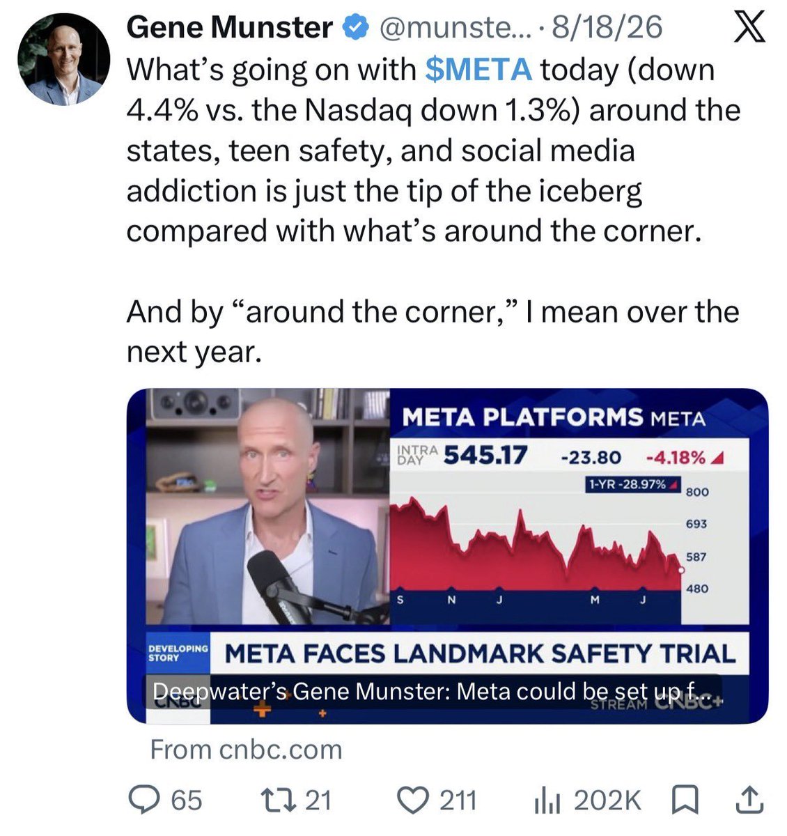 jimmyinvest's tweet photo. @munster_gene "We new Muse was coming for 6 months".

You nailed the bottom, my friend. Congrats! $META https://t.co/TyOnxdqeUc