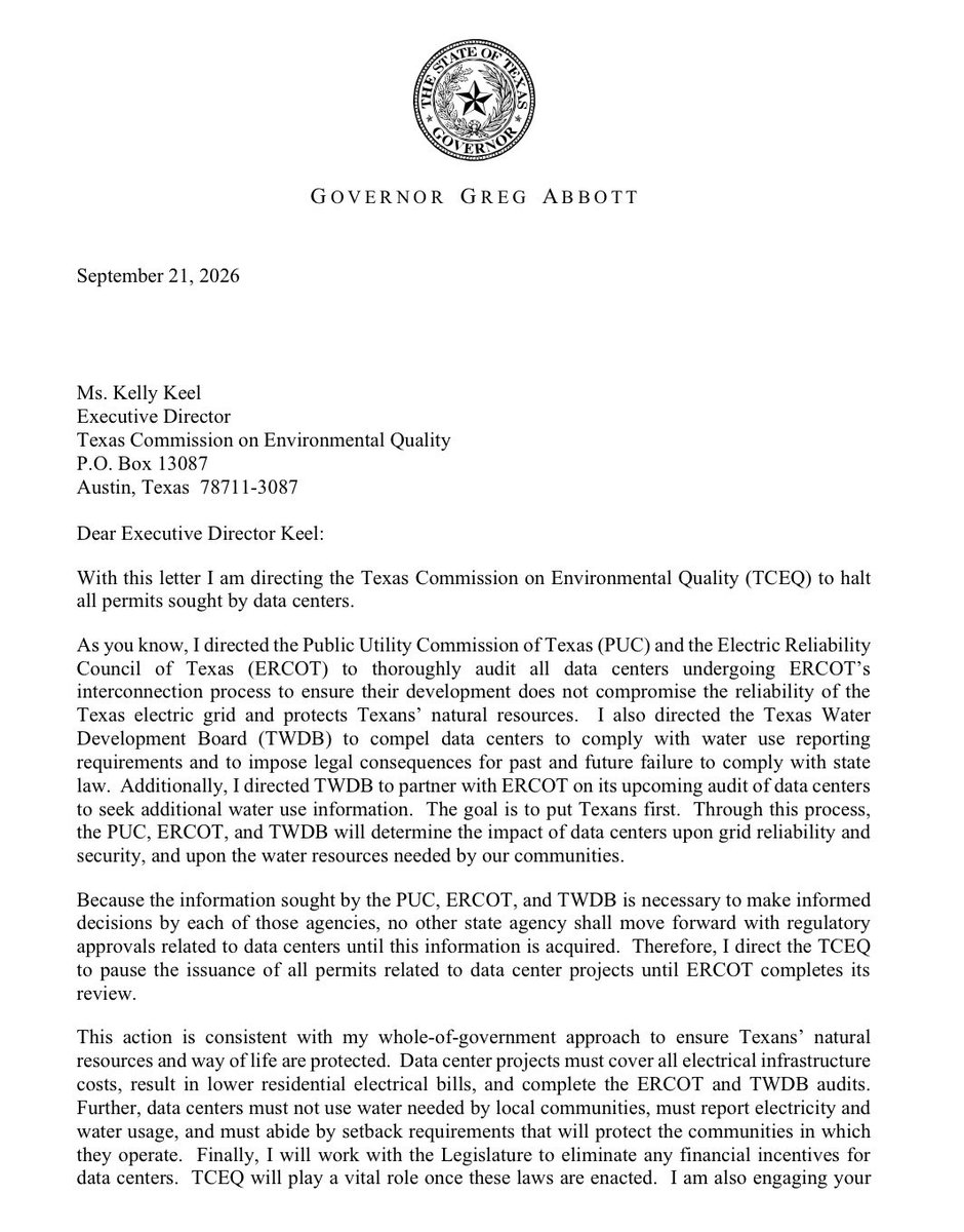 SmallCapSnipa's tweet photo. JUST IN: TEXAS GOVERNOR GREG ABBOTT SUSPENDS ALL STATE ISSUED PERMITS FOR DATA CENTERS UNTIL ERCOT AUDIT IS COMPLETE https://t.co/o7m2dUEDac