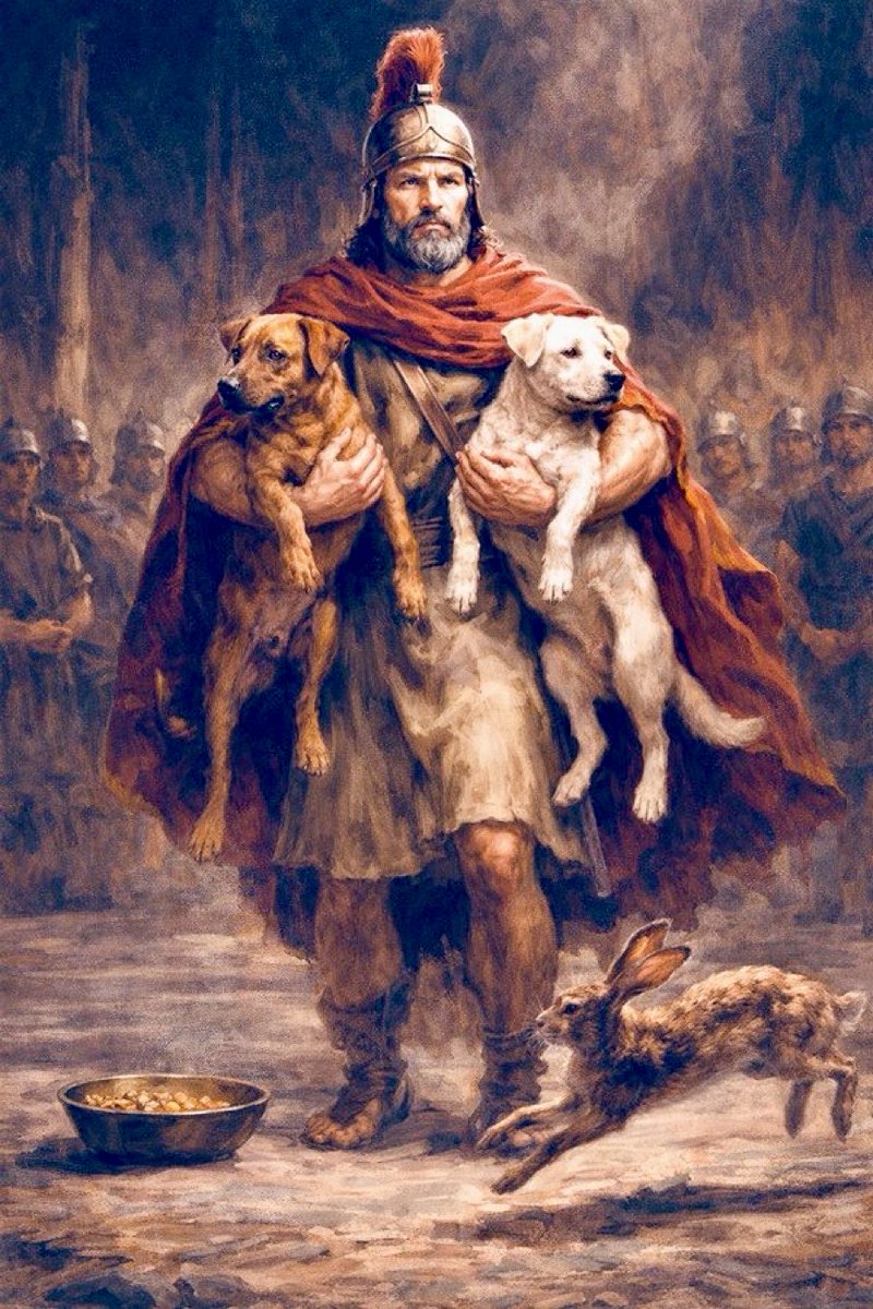 chibas's tweet photo. Hay una escena de Plutarco que no se me va.

Licurgo quiere sacar a Esparta de la molicie. No sube a la tribuna. Cría dos cachorros de la misma camada.

A uno lo deja en casa: comida fina, techo, plato a su hora. Al otro lo saca al monte y lo enseña a cazar.

El día de la asamblea los pone delante de todos. Suelta una liebre. Deja unos trozos de carne en el suelo.

El de casa ni mira la liebre. Va al plato. El otro ni mira el plato. Sale, alcanza la liebre y la derriba.

Licurgo no dice «este es mejor». Dice: veis que son de la misma camada. Lo que los ha hecho distintos es la crianza y el ejercicio.

Plutarco apunta incluso una variante más seca. Que quizá no eran de la misma casta: uno era perro doméstico y el otro de caza. Entonces Licurgo invierte el experimento. Acostumbra al de peor linaje al campo y mantiene al de mejor linaje en casa. El resultado no cambia. Y la frase ya no va de perros. Va de espartanos: de poco sirve descender de Heracles si no haces lo que hizo Heracles.

Yo esto lo leí primero como himno a la disciplina. Ahora lo leo de otra manera.

Del perro cazador casi nadie cuenta el tramo feo. Las salidas cuando no apetece. El hambre convertida en oficio. La repetición sin aplauso. Ese animal no se inventó un propósito una mañana inspirada. Alguien lo sacó al campo hasta que el campo se le quedó dentro.

Por eso me suena corta tanta charla moderna sobre fuerza de voluntad. Como si el carácter brotara de un pecho heroico. En Esparta el «campo» no era una metáfora. Era la agogé, la mesa común, el compañero que te mira, una ley que no te pregunta si hoy tienes ganas.

La emoción dura lo que dura una emoción. Un régimen, si está bien montado, te sostiene los días en los que no hay emoción.

Si te reconoces en el perro del plato, quizá no te falta temple. Te falta un monte. Y algo —o alguien— que te empuje a salir a él, sobre todo los días en que el plato está más cerca.
