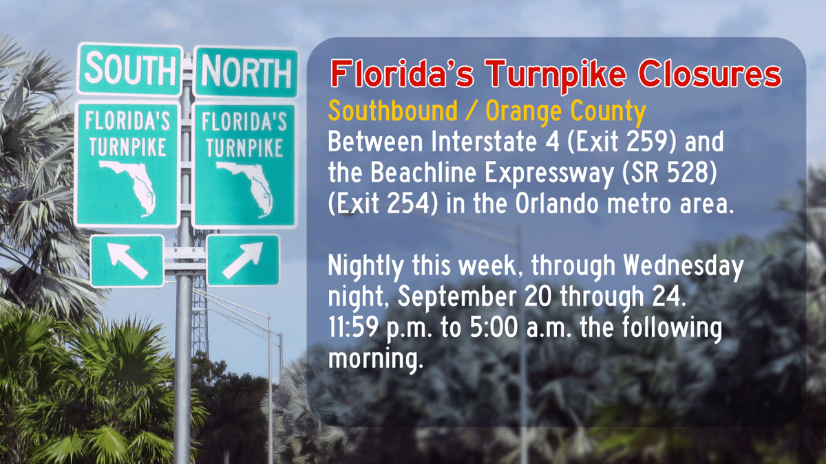 turnpikeinfo's tweet photo. 🚨Florida's Turnpike Travel Alert 🚧 Orlando / Orange County🚨 https://t.co/onB4GGYNGv