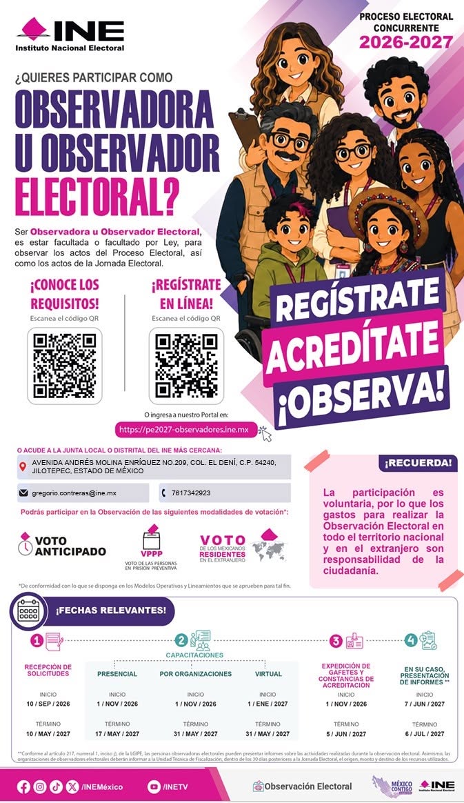 Inejd01's tweet photo. ¡Sé testigo y parte fundamental de nuestra democracia! Si quieres dar seguimiento directo a los actos del Proceso Electoral Concurrente 2026-2027 y a la Jornada Electoral, ¡súmate como Observadora u Observador Electoral! Regístrate aquí: https://t.co/TProGVEBOd https://t.co/N4vv4gi2RC