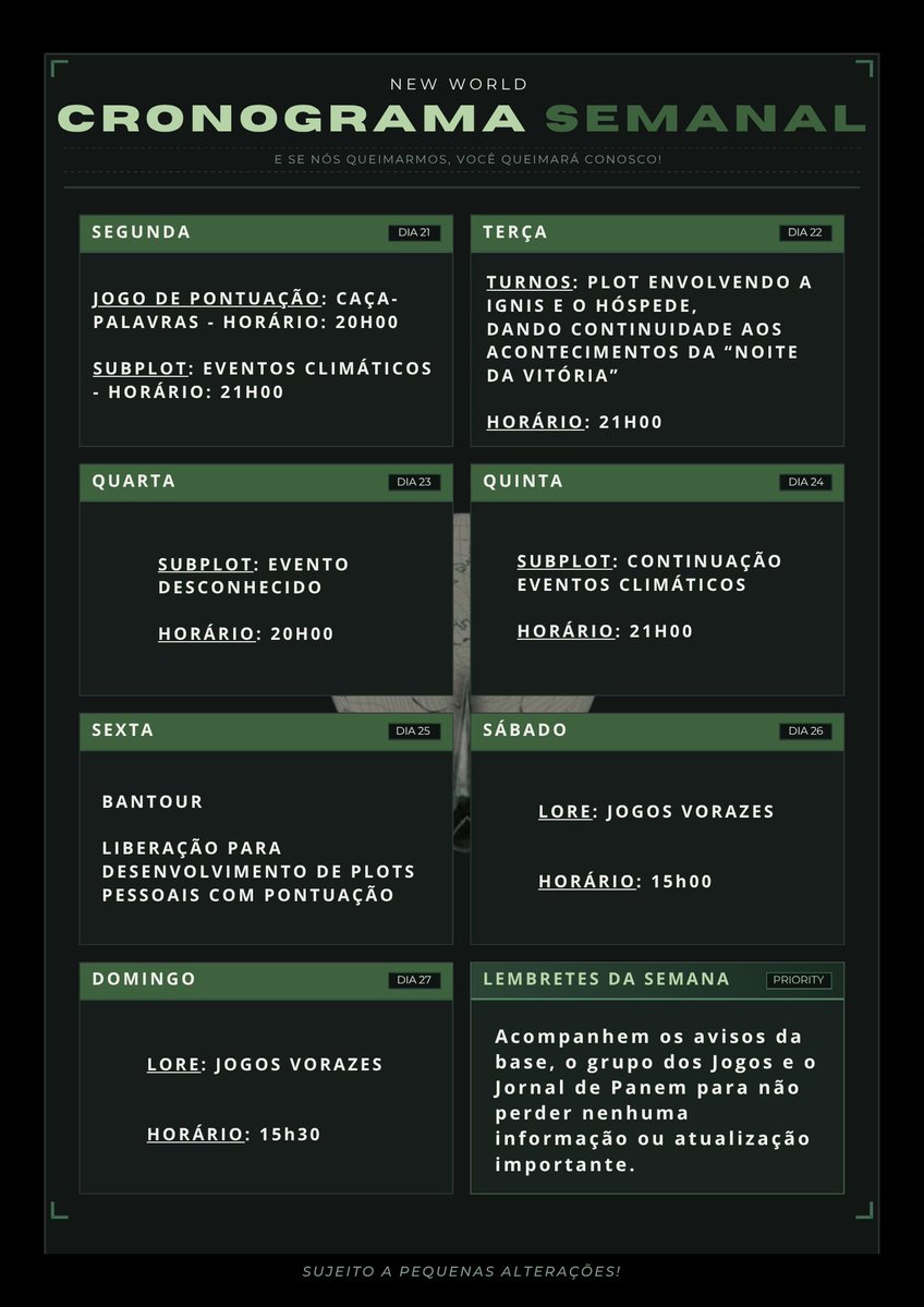 rpneworld's tweet photo. Boa noite, Despertos! Segue o cronograma da nossa quinta semana. Esperamos que aproveitem bastante as movimentações que preparamos para vocês! Qualquer alteração ou novidade será comunicada pela base. https://t.co/FW8fKZoF3F