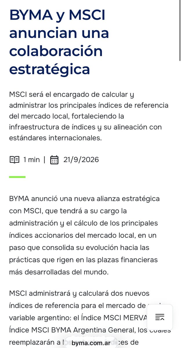 jpmarino79's tweet photo. 🚨🚨🚨 BYMA Y MSCI ANUNCIAN UNA ALIANZA ESTRATÉGICA PARA EL MERCADO ARGENTINO

🔹 MSCI pasará a administrar y calcular los principales índices accionarios locales.

🔹 Se crearán el Índice MSCI MERVAL y el Índice MSCI BYMA Argentina General, en reemplazo de los actuales MERVAL e Índice General BYMA.

🔹 El cambio apunta a que las acciones argentinas sean seguidas bajo una metodología global, estandarizada y reconocida por inversores internacionales.

🔹 Puede facilitar el desarrollo de nuevos productos financieros vinculados a índices -como fondos, ETFs, derivados o estrategias pasivas- y mejorar la comparabilidad del mercado local con otras plazas.

🔹 El lanzamiento está previsto para el 19 de octubre. @BYMAOficial informará en las próximas semanas el cronograma de transición y los detalles operativos.