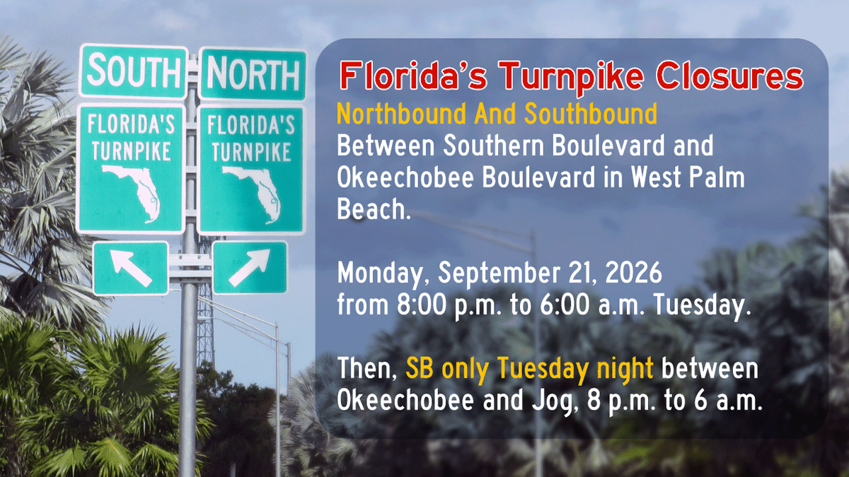 turnpikeinfo's tweet photo. 🚨Florida's Turnpike Travel Alert 🚧 West Palm Beach🚨 https://t.co/ftGFB1JIW3