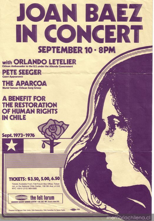PenaFletcher's tweet photo. Hace 50 años, la DINA asesinó a Orlando Letelier en Washington. Lo buscaba hace tiempo para matarlo, pero lo que en parte selló su suerte, de acuerdo con la investigación judicial en EE.UU, fue su participación en el concierto de solidaridad con Chile encabezado por Joan Baez 1/7 https://t.co/NCTX0g2oqN