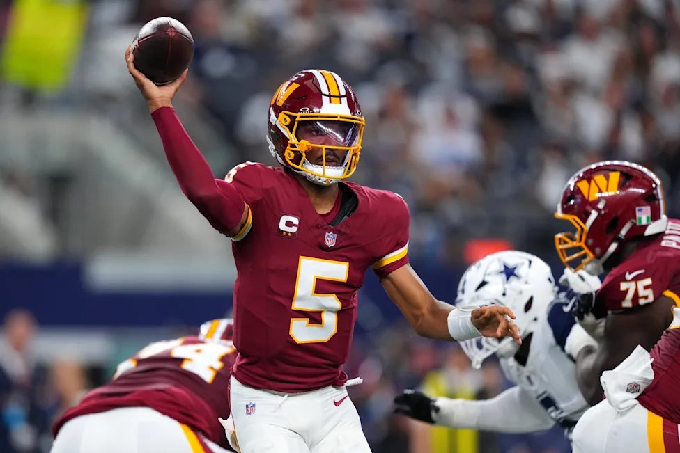 PolymarketBlitz's tweet photo. 🚨 HISTORY: Jayden Daniels quietly reached an NFL milestone before leaving with an injury.

Daniels became the fastest player in NFL history to reach:

5,000 passing yards
1,200 rushing yards
35 passing TDs

He did it in just 26 career games. https://t.co/kkmum90JzL