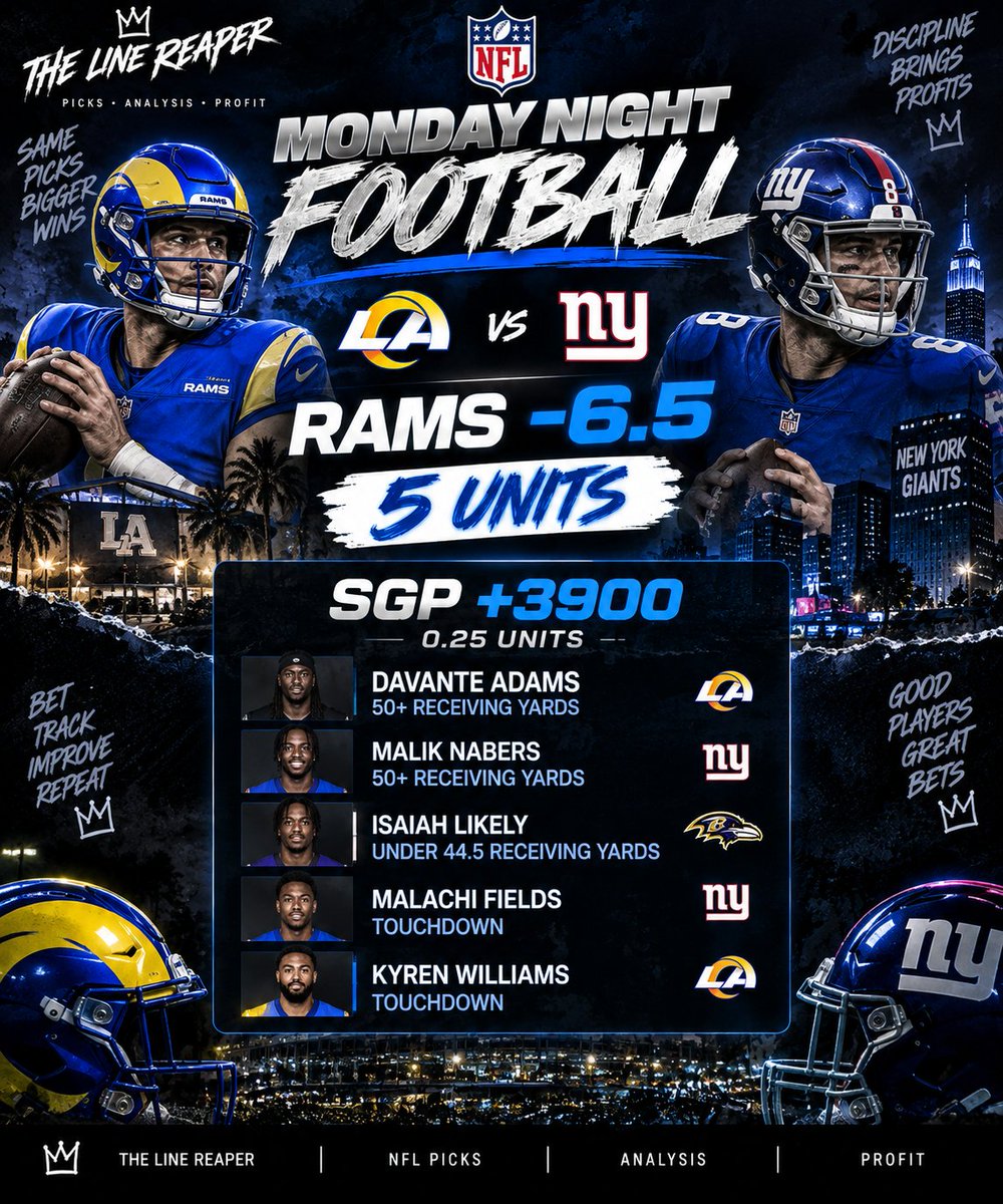 TheLineReap's tweet photo. 🚨🔥 MONDAY NIGHT FOOTBALL IS HERE 🔥🚨

THE LINE REAPER IS ON THE BOARD 🩸👑

🏈 RAMS -6.5 5U ⭐️

🎯 0.25U SGP +3900
Davante Adams 50+ REC YDS
Malik Nabers 50+ REC YDS
Isaiah Likely U44.5 REC YDS
Malachi Fields TD
Kyren Williams TD

💰 5U MAIN PLAY + +3900 SGP
WE’RE STARTING THE NIGHT HOT. 🔥

👑 VIP IN BIO
#NFL #MNF #Rams #SportsBetting #TheLineReaper
